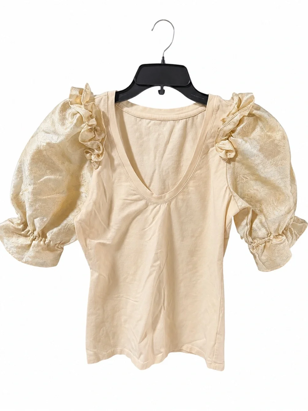 Anthropologie Cream  Puff Sleeve V-Neck Jacquard Balloon Sleeve Blouse |S|